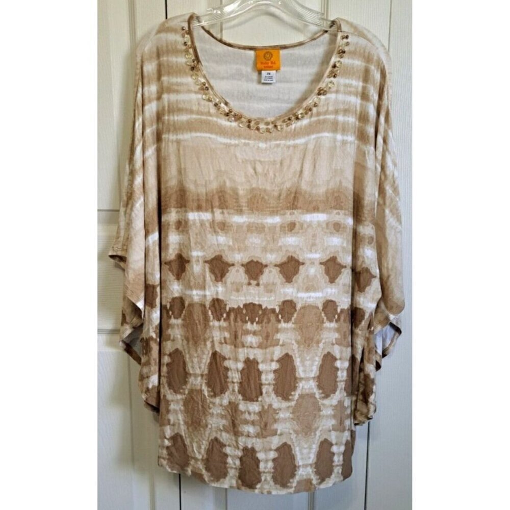 Ruby Road Women's 2X Multicolor Poncho Bat Wing Top Beaded Neckline